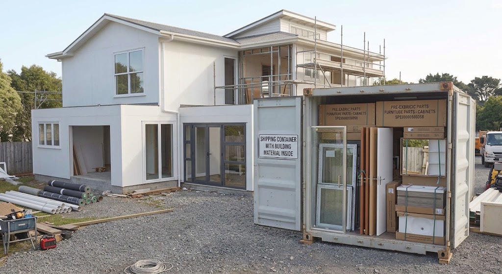 An open shipping container filled with home-improvement products beside a house